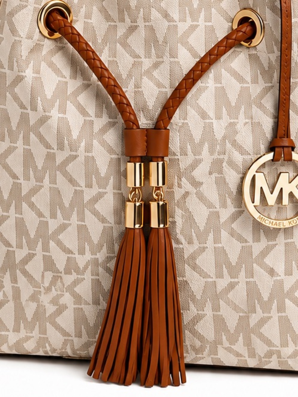 Michael Kors Jet Set Signature Drawstring Tote Bag Vanilla Brown Shoulder Purse - Picture 5 of 5